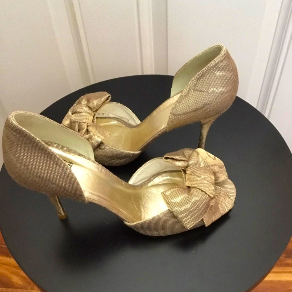 Stuart Weitzman Gold Peep Toe Heels with Bow